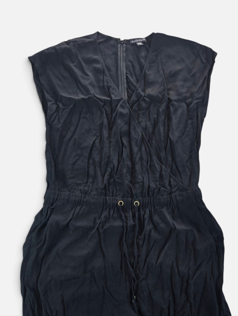 EILEEN FISHER Jumpsuit S Tencel Viscose Crepe Surplice Cinched Waist Crop Black - Picture 9 of 10